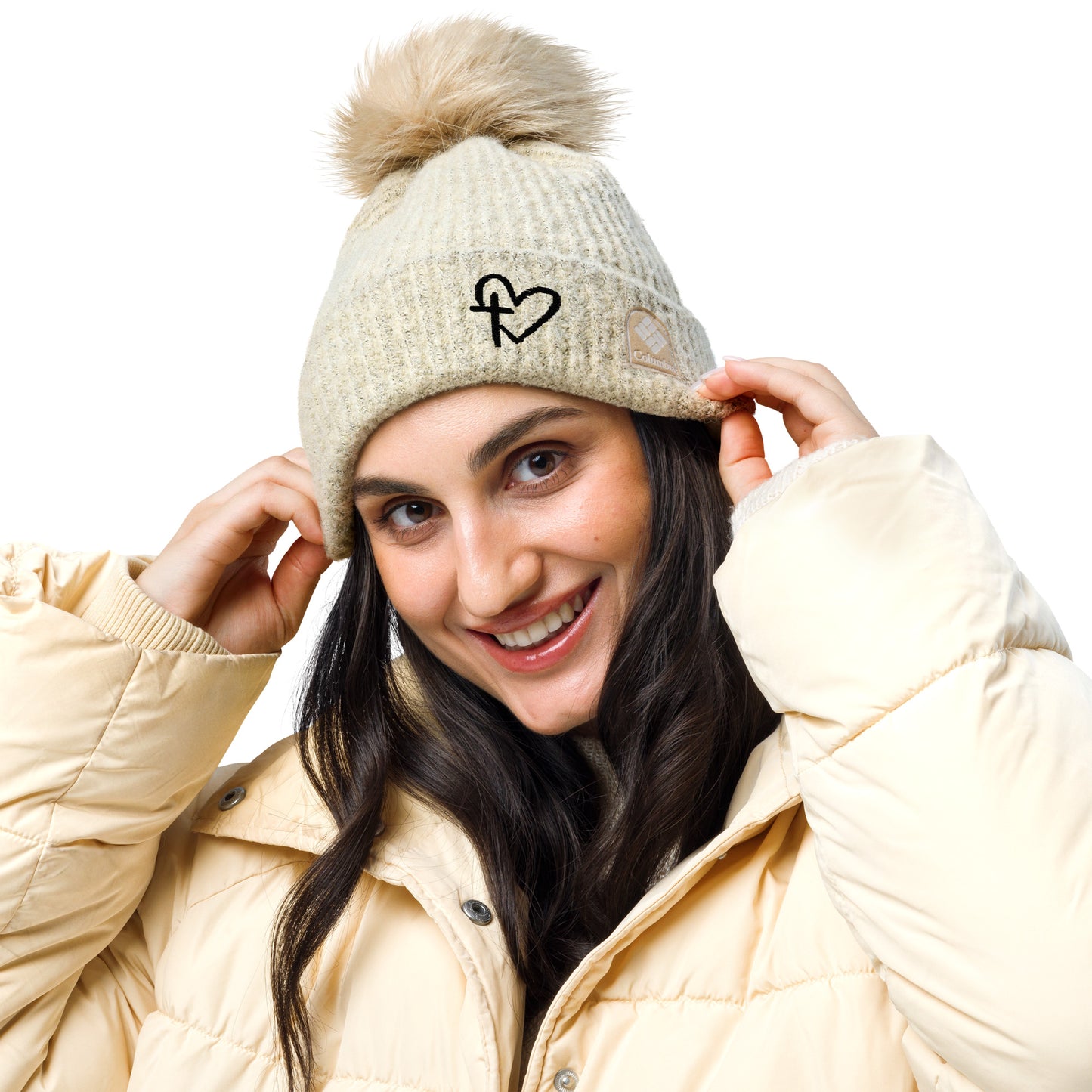 Embroidered Heart and Cross Columbia pom-pom beanie