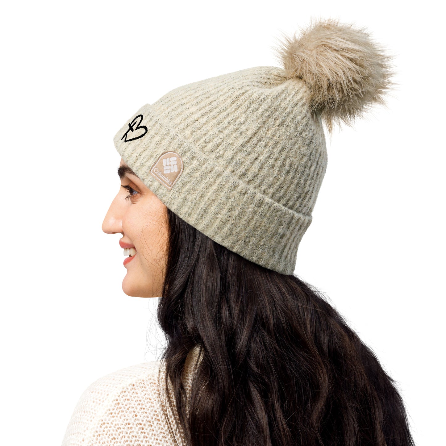 Embroidered Heart and Cross Columbia pom-pom beanie