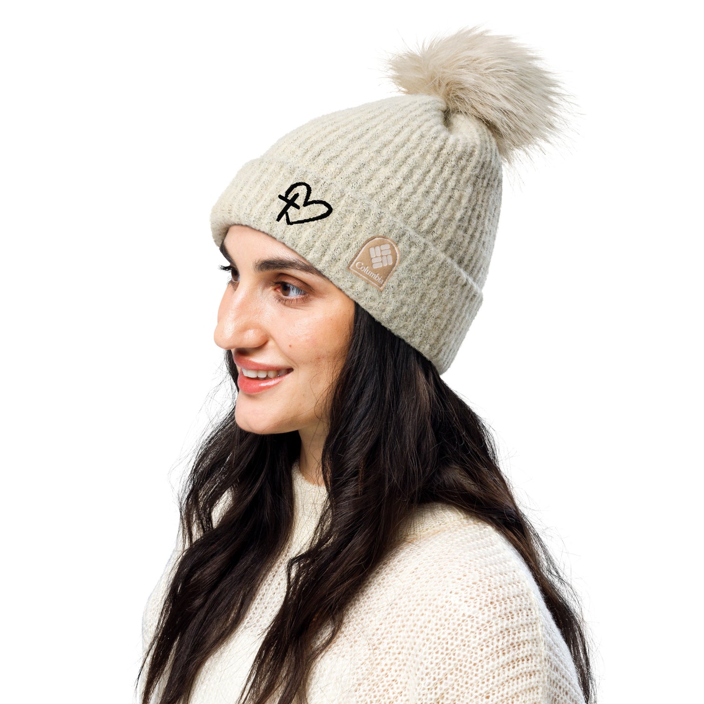 Embroidered Heart and Cross Columbia pom-pom beanie